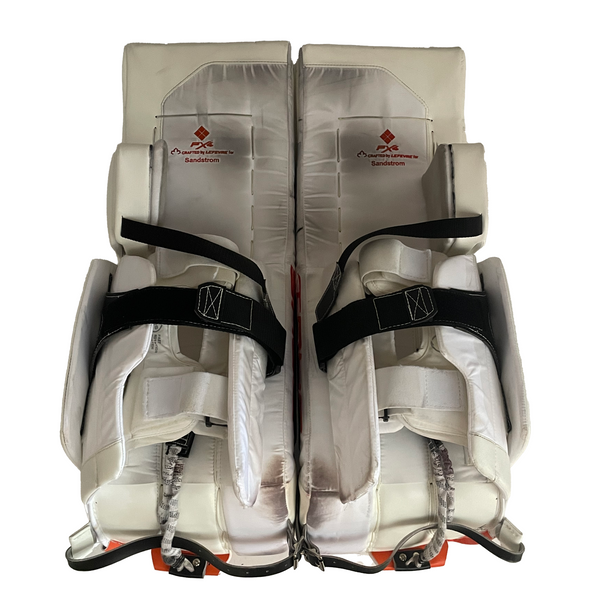 True HZRDUS PX4 - Used Pro Stock Goalie Pad Set - Felix Sandstrom - (White/Black/Orange)