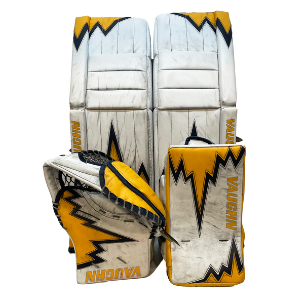 Vaughn Velocity V9 - Used Pro Stock Senior Goalie Pads (White/Yellow/Navy)