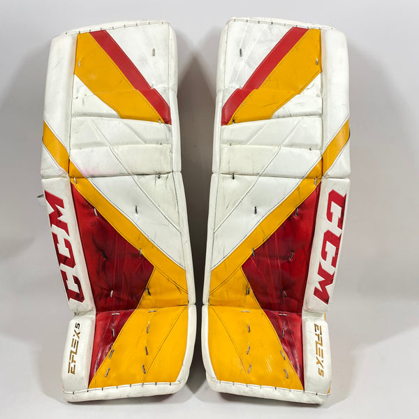 CCM Extreme Flex 5 - Used AHL Pro Stock Goalie Pads (White/Red/Yellow)