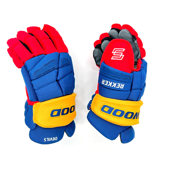 Sherwood Rekker Legend Pro - NHL Pro Stock Glove - New Jersey Devils (Blue/Red/Yellow)