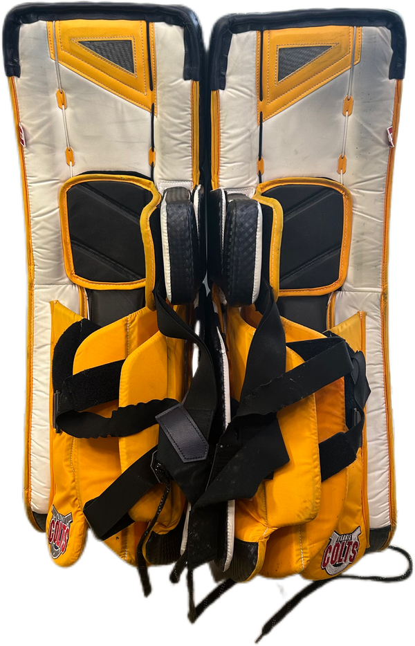 Vaughn Velocity V10 - Used Pro Stock Goalie Pads (White/Navy/Yellow)