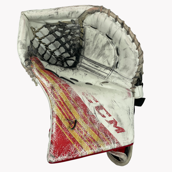 CCM Extreme Flex 5 - Used Pro Stock Goalie Glove (White/Red/Yellow)