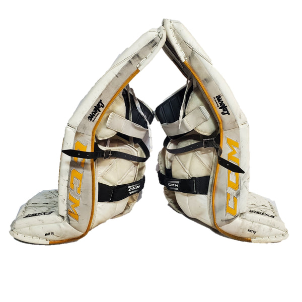 CCM Extreme Flex IV - Used Pro Stock Goalie Pads - (White/Yellow/Black)