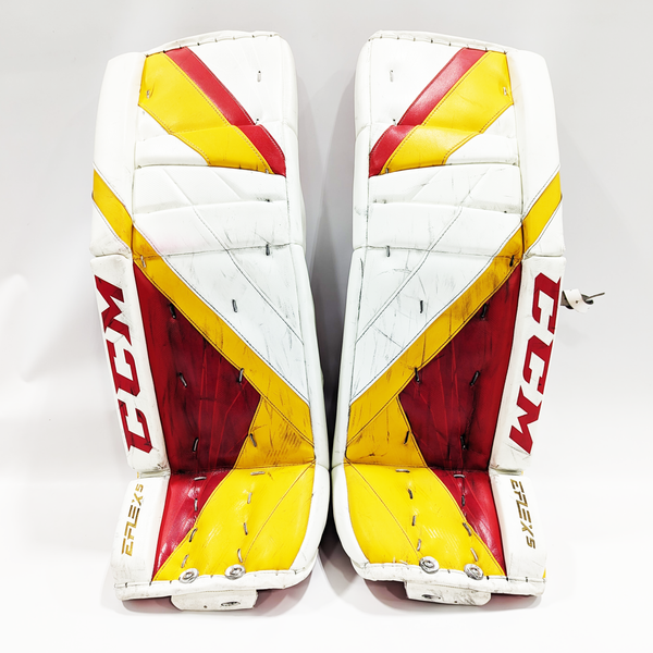 CCM Extreme Flex 5 - Used AHL Pro Stock Goalie Pads (White/Red/Yellow)